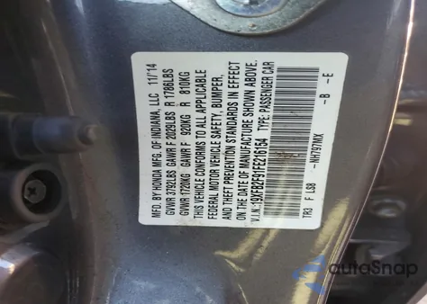 2015 Honda Civic Exl z USA, uszkodzony, nr VIN 19XFB2F91FE216154